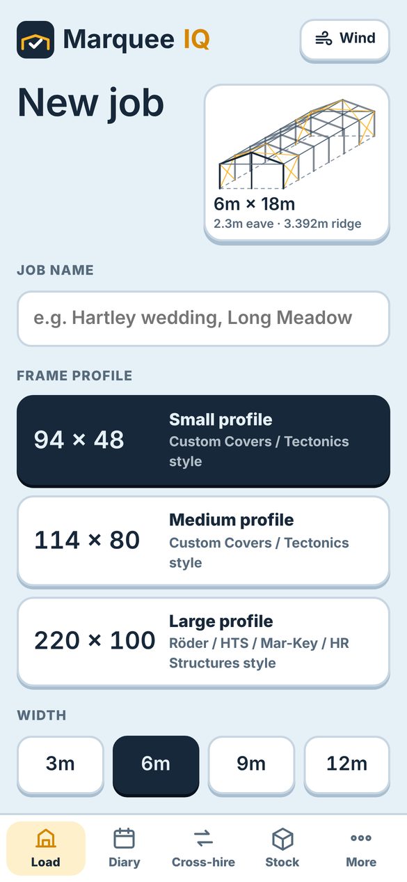 New job screen: pick the frame profile, width and length, with a drawing of the marquee frame