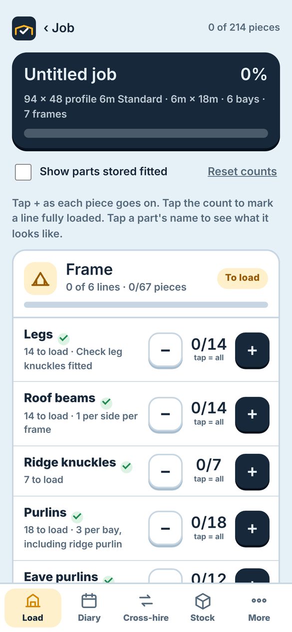 Load list screen: legs, roof beams, ridge knuckles and purlins with counts to tick off